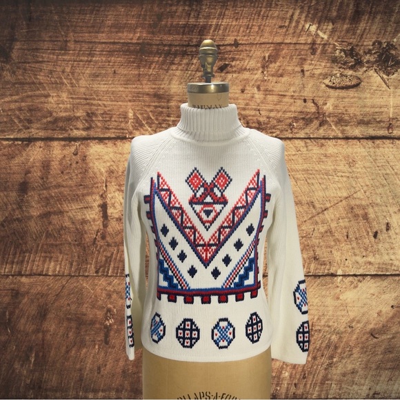 vintage sweater 1970’s aztec boho chunky cable knit turtleneck RARE - Picture 2 of 7